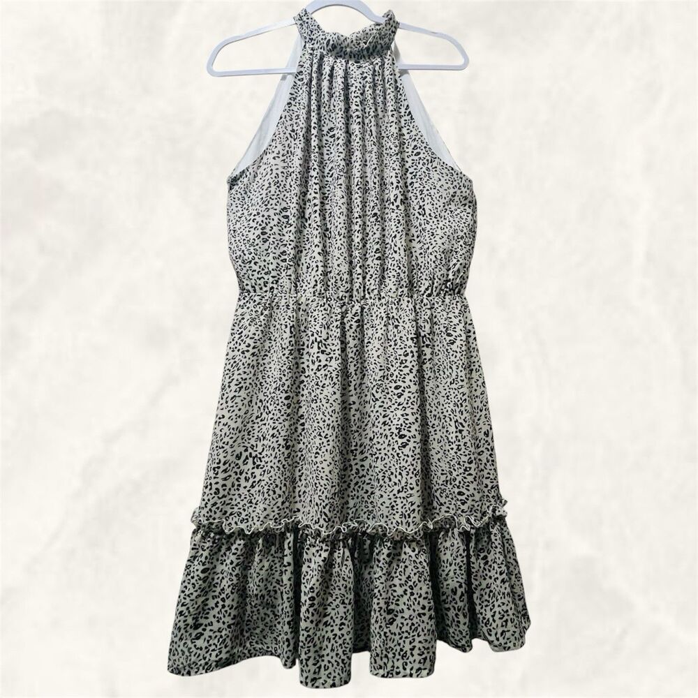 BTFBM Cheetah Print Halter Dress L NWT Open Tie-Back Ruffle Party Clubwear Mini